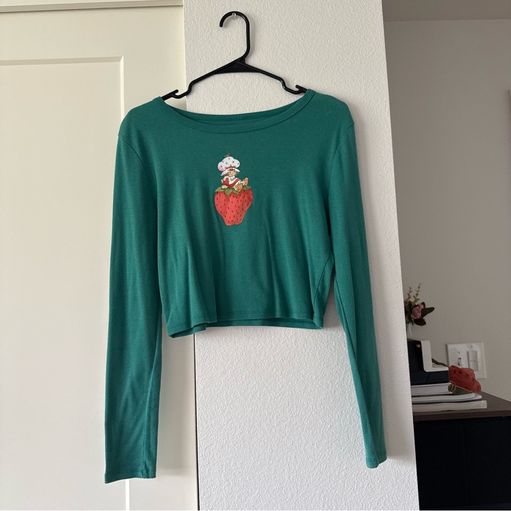 Teal Long Sleeve Crop Top with Strawberry Design